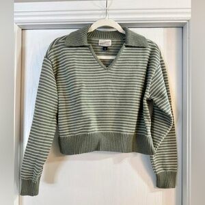 Striped Olive Green Collared V-Neck Sweater